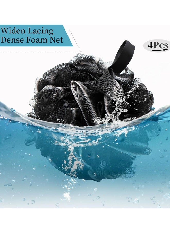 4 Pack Shower Mesh Ball Soft Pouf Body Scrubber, Exfoliate, Cleanse, Soothe Skin, Black Loofah with White Trim - Image 4